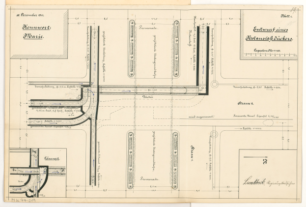 Ein altes Stadtplan von einer Stadt, wahrscheinlich Hamburg, mit zahlreichen Gebäuden und Text, gedruckt auf einem Stück Papier.