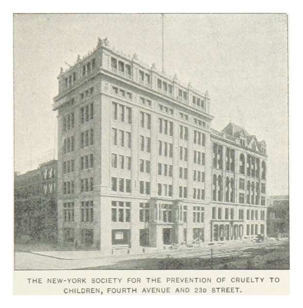 Poster of the New York Society for the Prevention of Cruelty to Children at Fourth Avenue and 23rd Street, showing a building with windows, trees, and a sky background, with text at the bottom.