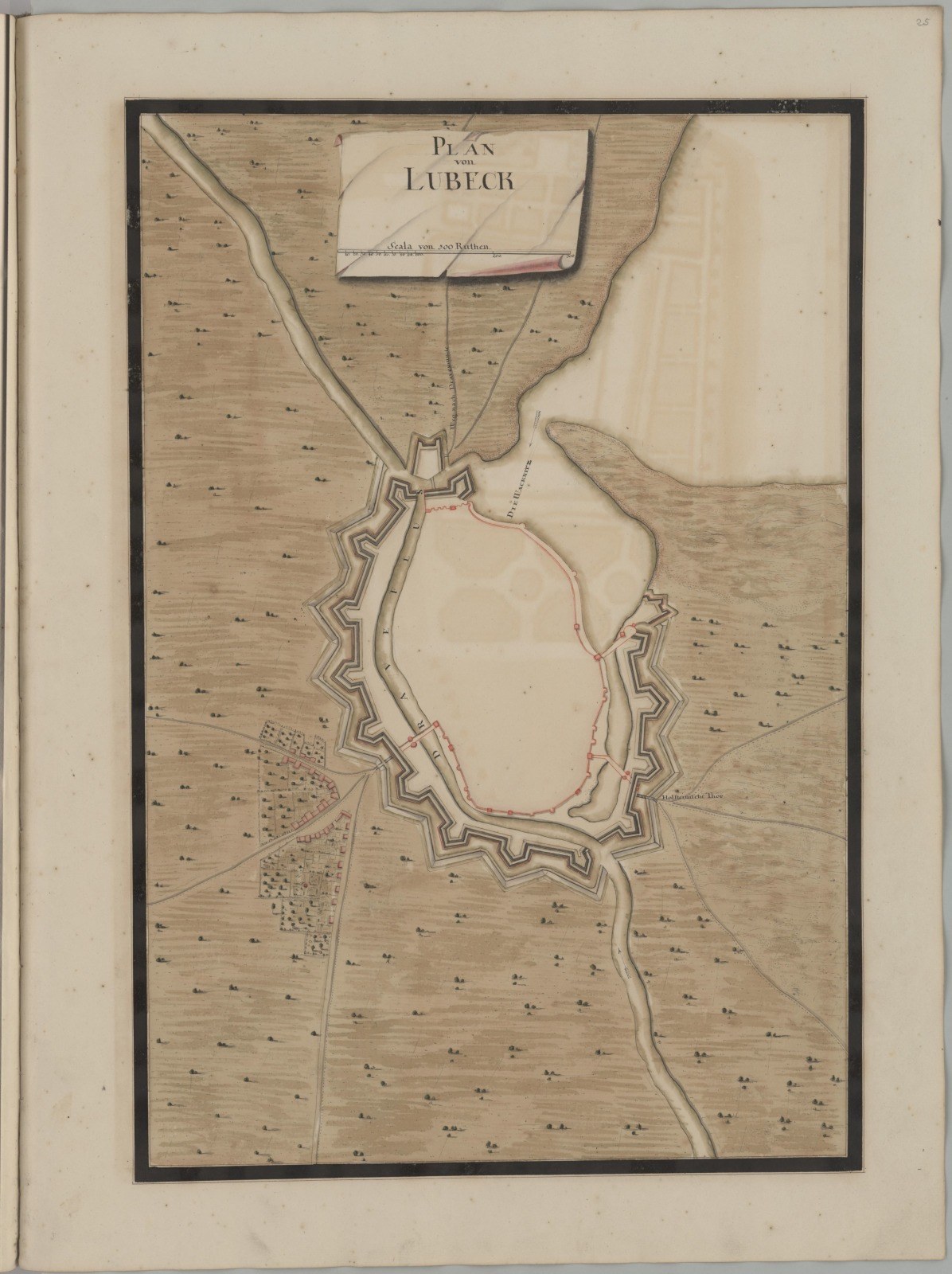 Altes Buch mit einem detaillierten Stadtplan von Lübeck auf dem Cover, der Straßen, Gebäude und Sehenswürdigkeiten zeigt, sowie zusätzlichen Texten zur Bevölkerung, Geschichte und Kultur der Stadt.