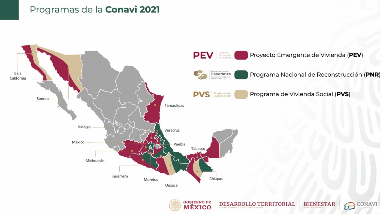 Eine Karte von Mexiko mit in verschiedenen Farben hervorgehobenen Provinzen, beschriftet mit "Programas de la Conavi 2021".