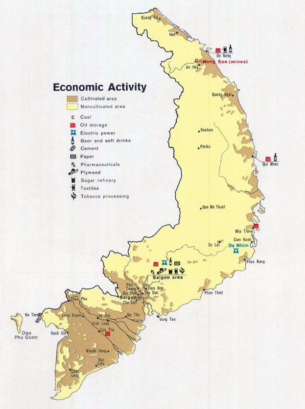 A poster of a Vietnam economic activity map with symbols and labels in blue, green, and yellow.