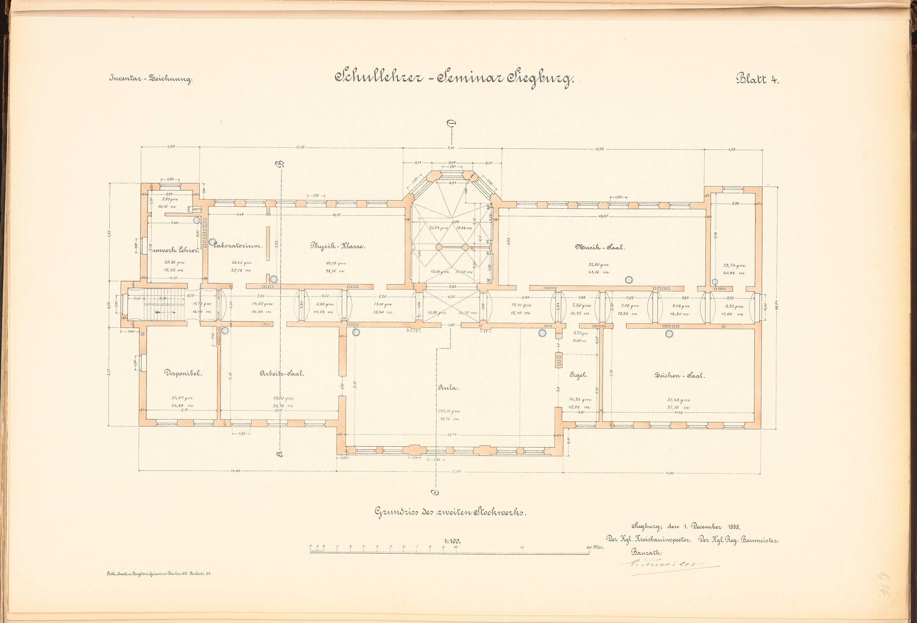 Old book open to a detailed floor plan drawing of the Schullacher-Seminar Schütze German school building, showing windows, doors, and room layouts with accompanying text.