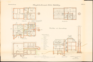 Old book with detailed architectural plans and text, featuring a drawing of the original Königliche Hermwerk Berlin-Baklberg building.