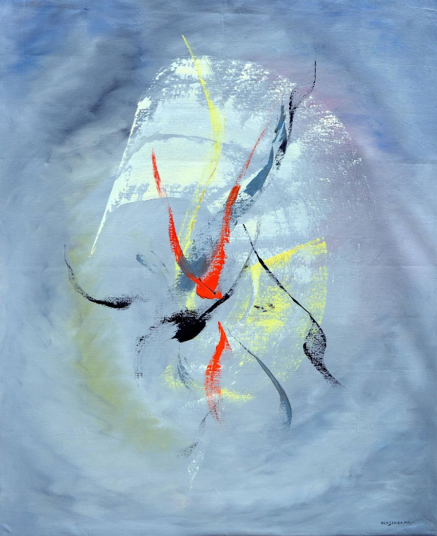 Abstract painting with acrylic on canvas featuring gray tones, red and yellow accents on a blue background.
