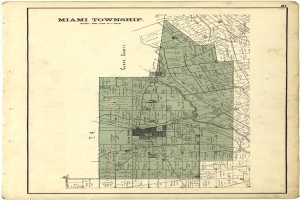 Old top-down map of Miami, Florida, with detailed streets, buildings, and landmarks, featuring text at the top and bottom.