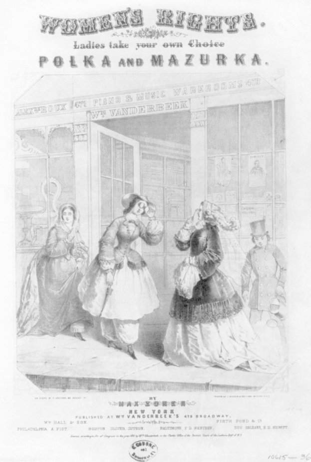 Ein Blatt mit einer Zeichnung von drei Frauen vor einem Gebäude, das den Text "Frauenrechte: Ladies Take Your Own Choice, Polka und Mazurka" oben und unten zeigt.