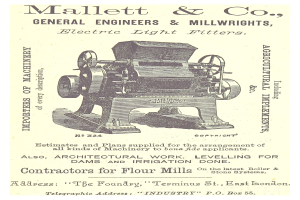 Anzeige für eine elektrische Filtermaschine von Mallett & Co. General Engineers & Millwrights, die die Maschine und ihre Funktionen zeigt.
