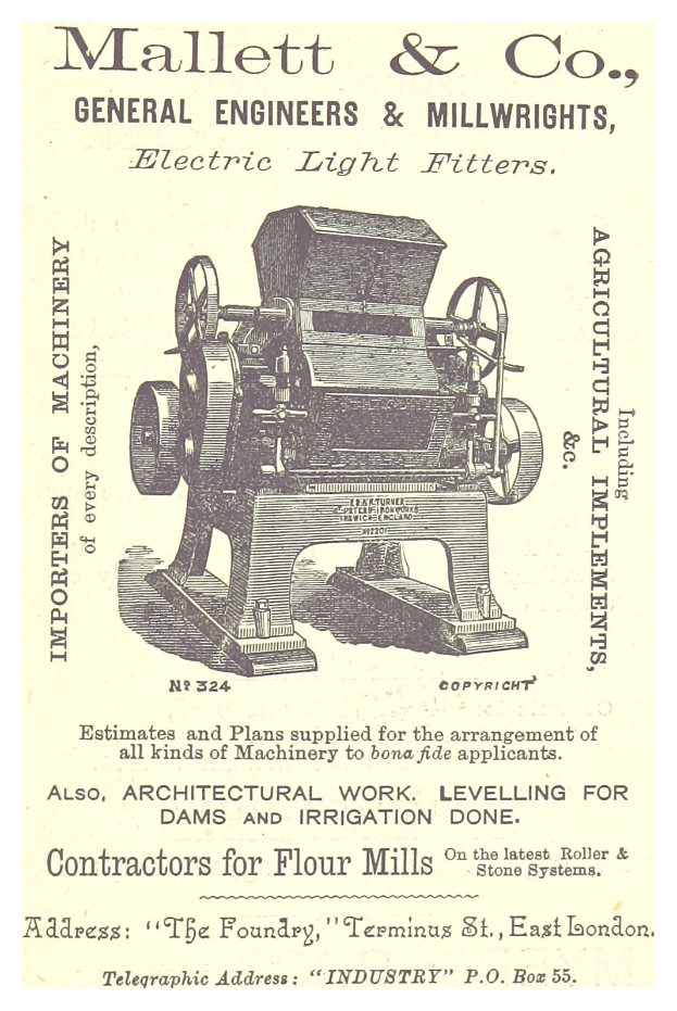 Anzeige für eine elektrische Filtermaschine von Mallett & Co. General Engineers & Millwrights, die die Maschine und ihre Funktionen zeigt.