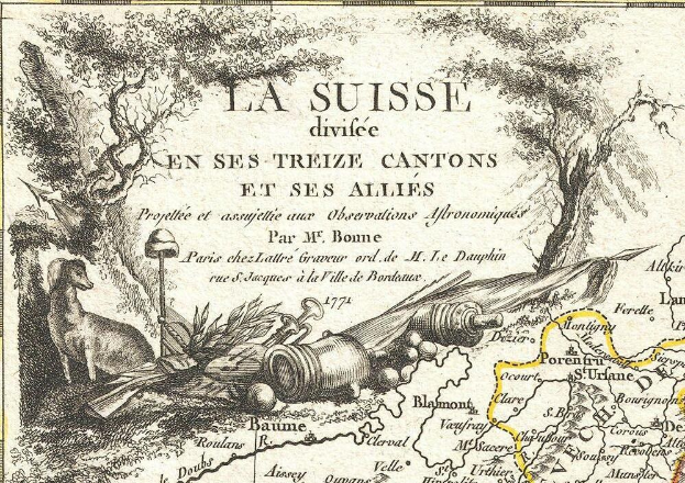 Ein Plakat mit einer Karte der Schweizer Landschaft, inklusive Bäumen, Tieren und anderen Gegenständen, begleitet von Text.