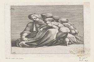 Black and white engraving of a woman holding a child, with a human face in the center, both displaying gentle expressions.