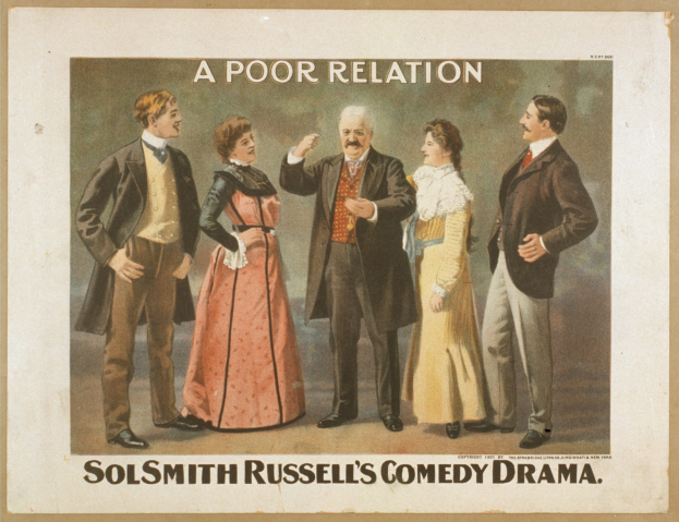 Plakat f"ur "Sol Smith Russells Comedy-Drama: Eine schlechte Beziehung" mit einer bunten Gruppe von locker gekleideten Menschen vor einem hellblauen Hintergrund.