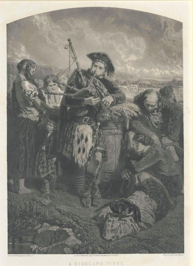 Schwarze und weiße Gravur eines Mannes, der eine Dudelsack vor einer Gruppe von Menschen unter einem bewölkten Himmel spielt, mit der Inschrift "Ein Highland-Pfeifer" unten.