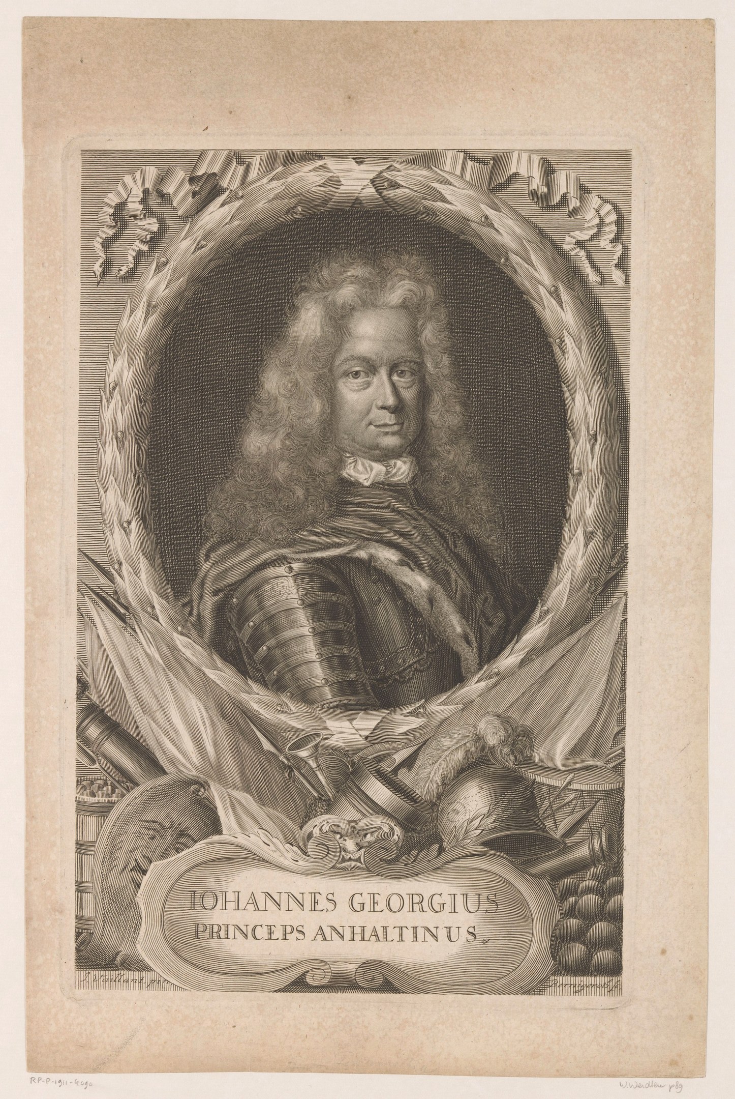 Black and white engraving of Johannes Georgius, Prince of Anhaltinus, with a central human face and text at the bottom.