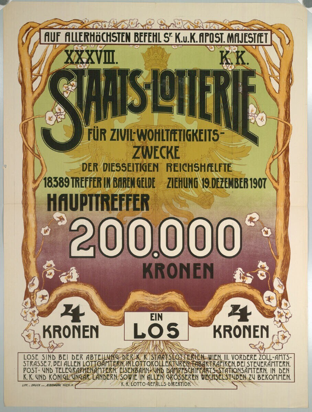 Plakat an einer Gebäudewand mit einem großen Geldhaufen, Text und Zahlen, wahrscheinlich eine Lotteriewerbung.