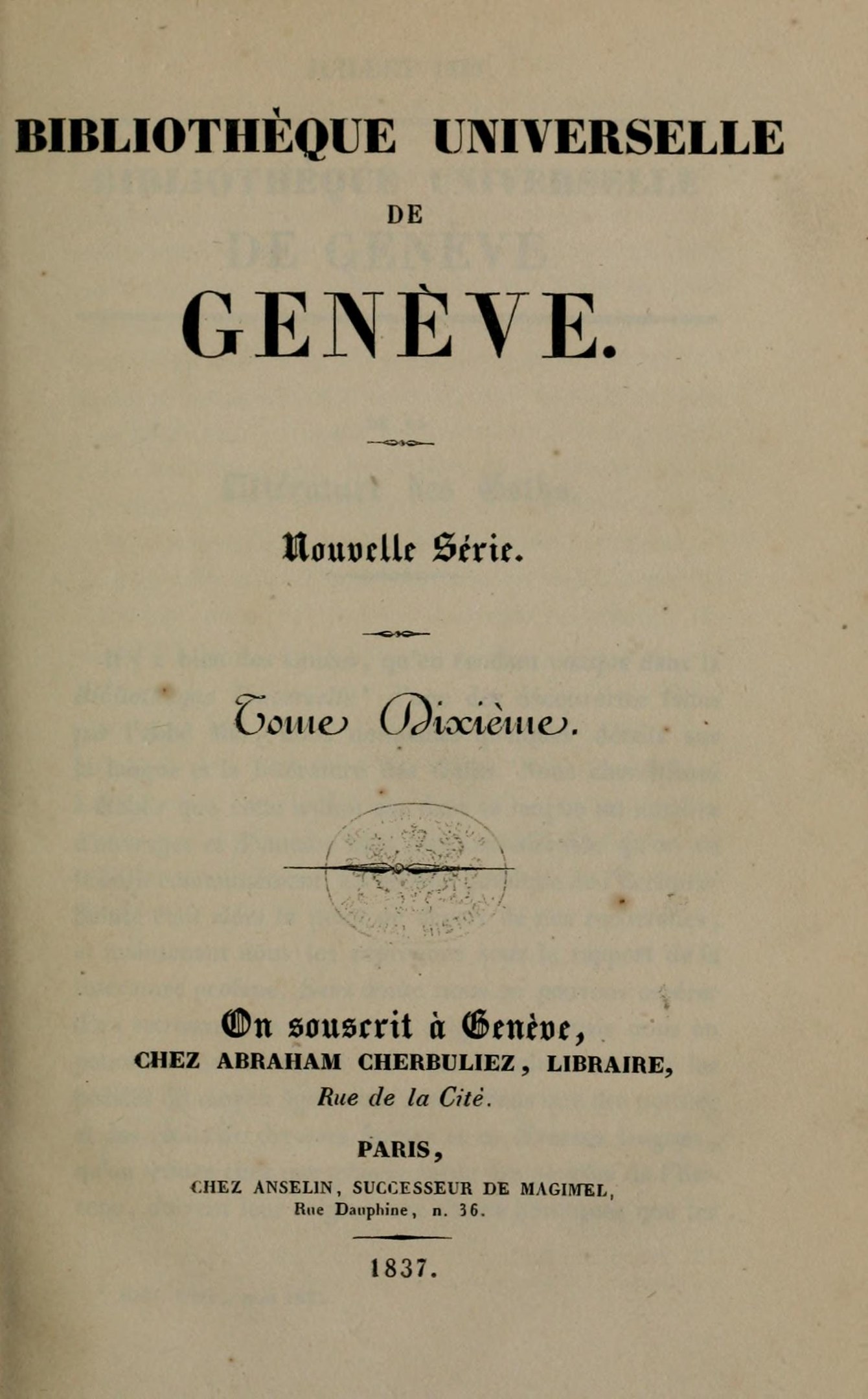Old book titled "Bibliothèque Universelle de Geneve" open to reveal text inside.