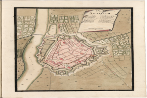 Ein altes Buch mit einer detaillierten Karte von Arnheim, Deutschland, mit Straßen, Gebäuden und Sehenswürdigkeiten.
