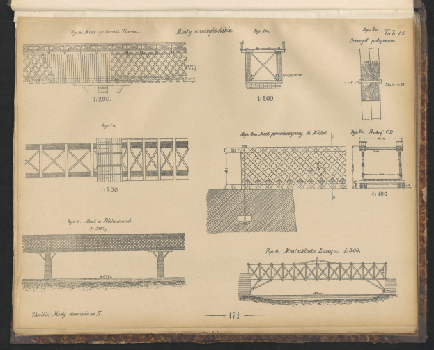Old book with detailed drawings and text of a bridge construction on its cover, set against a black background.