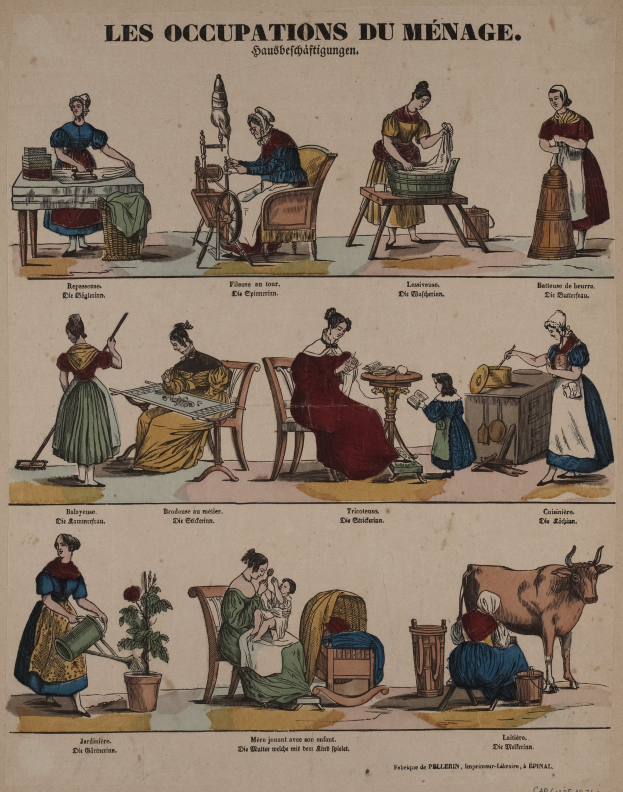 Ein Plakat aus dem 19. Jahrhundert, das gender-spezifische Berufe zeigt, mit sitzenden und stehenden Figuren und Gegenständen wie einer Kuh und einer Topfpflanze, begleitet von erklärendem Text.