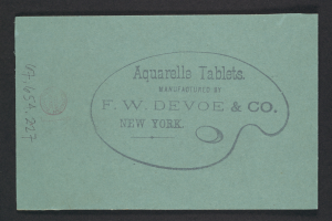 Ein Aquarell-Tablet von F.W. Devoe & Co. New York mit Text und einem Stempel auf dem Papier.