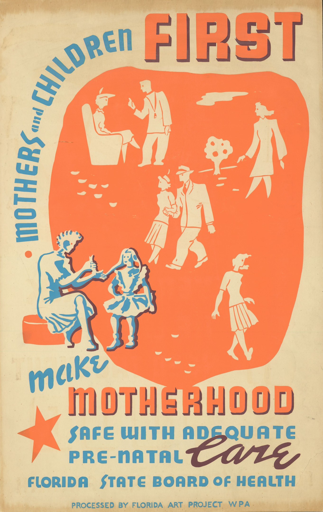 Plakat mit fetter weißer Schrift "Macht Schwangerschaft sicher mit ausreichender Vorsorge" auf einem hellblauen Hintergrund, das verschiedene lachende Menschen unterschiedlichen Alters, Geschlechts und Ethnien zeigt.