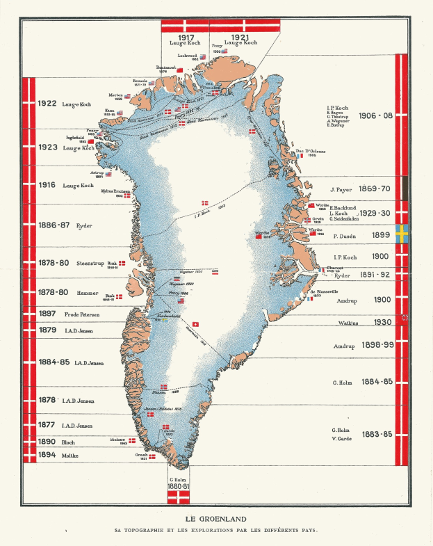 Plakat einer Karte von Grönland mit der Ausdehnung des arktischen Meereises, begleitet von ausführlichem Text und numerischen Daten.