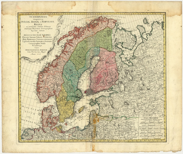 Old map of Scandinavia showing provinces of Sweden and Norway with handwritten text on aged paper.