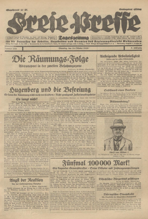 Alte deutsche Zeitung vom 29. September 1929 mit einem Foto eines Mannes in Anzug und Krawatte auf der Titelseite, das die Überschrift 'Sugenberg und die Defreiung' trägt.