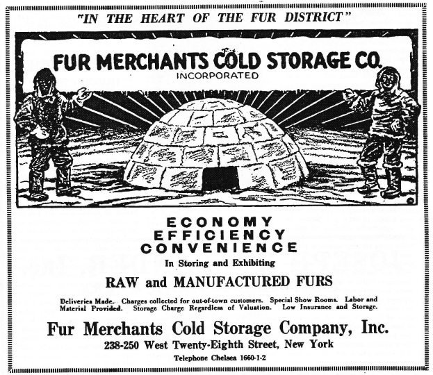 Werbung für Fur Merchants Cold Storage Company, Inc. mit zwei Personen vor einem igluähnlichen Gebäude mit Text, der die Dienstleistungen des Unternehmens beschreibt.