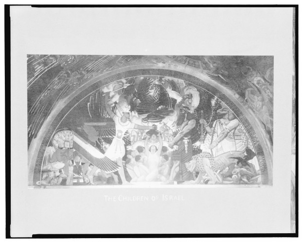 Ein schwarzer und weißer Rahmen mit einem Bild einer Gruppe von Menschen, mit der Inschrift "Die Kinder Israels" unten.