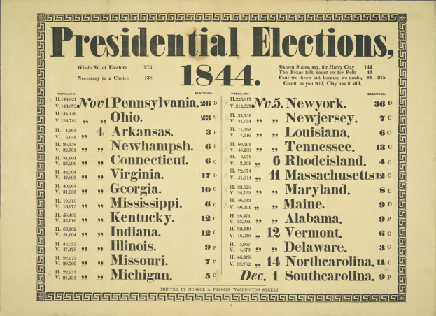 A leather-bound book titled "Presidential Elections, 1844" listing state results in colored sections with bold text and a decorative border.