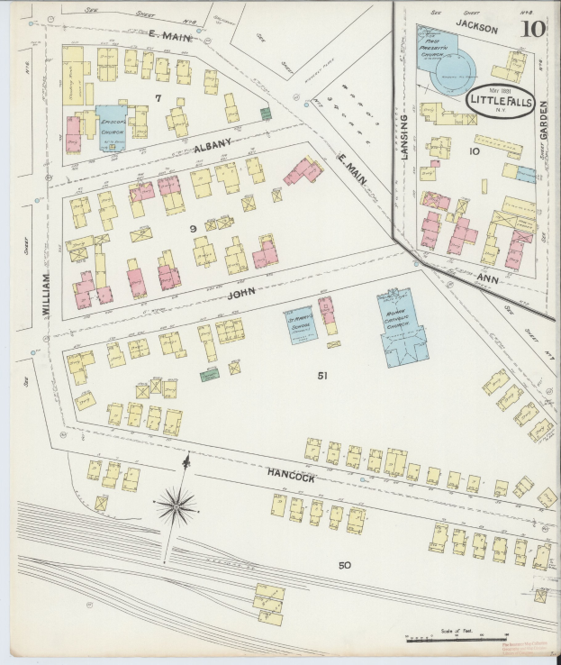 Detailed vintage map of Little Falls, New York, showing streets, buildings, parks, and landmarks in blue, green, and yellow tones.