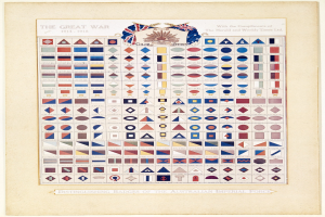 Poster titled "The Great War" displaying badges and flags of the Australian Imperial Force from 1914–1918.