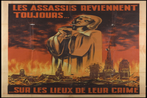 French propaganda poster from the Revolution showing a person holding a cigarette amid burning buildings, with text "Assassins Reviennent Toujours."