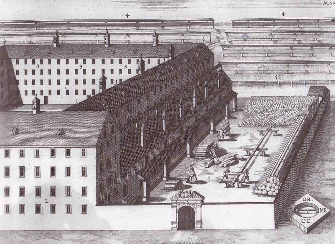 Black and white historical drawing of a large, multi-windowed building surrounded by people, wooden logs, and other objects, with the text "1853 – the prison of the dresden concentration camp" at the bottom.