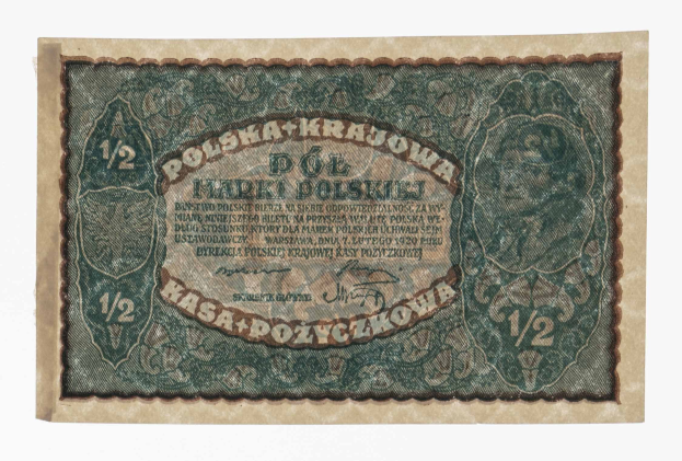 Old Polish banknote featuring a man's portrait with the text "Polska krajowa" on a white background.