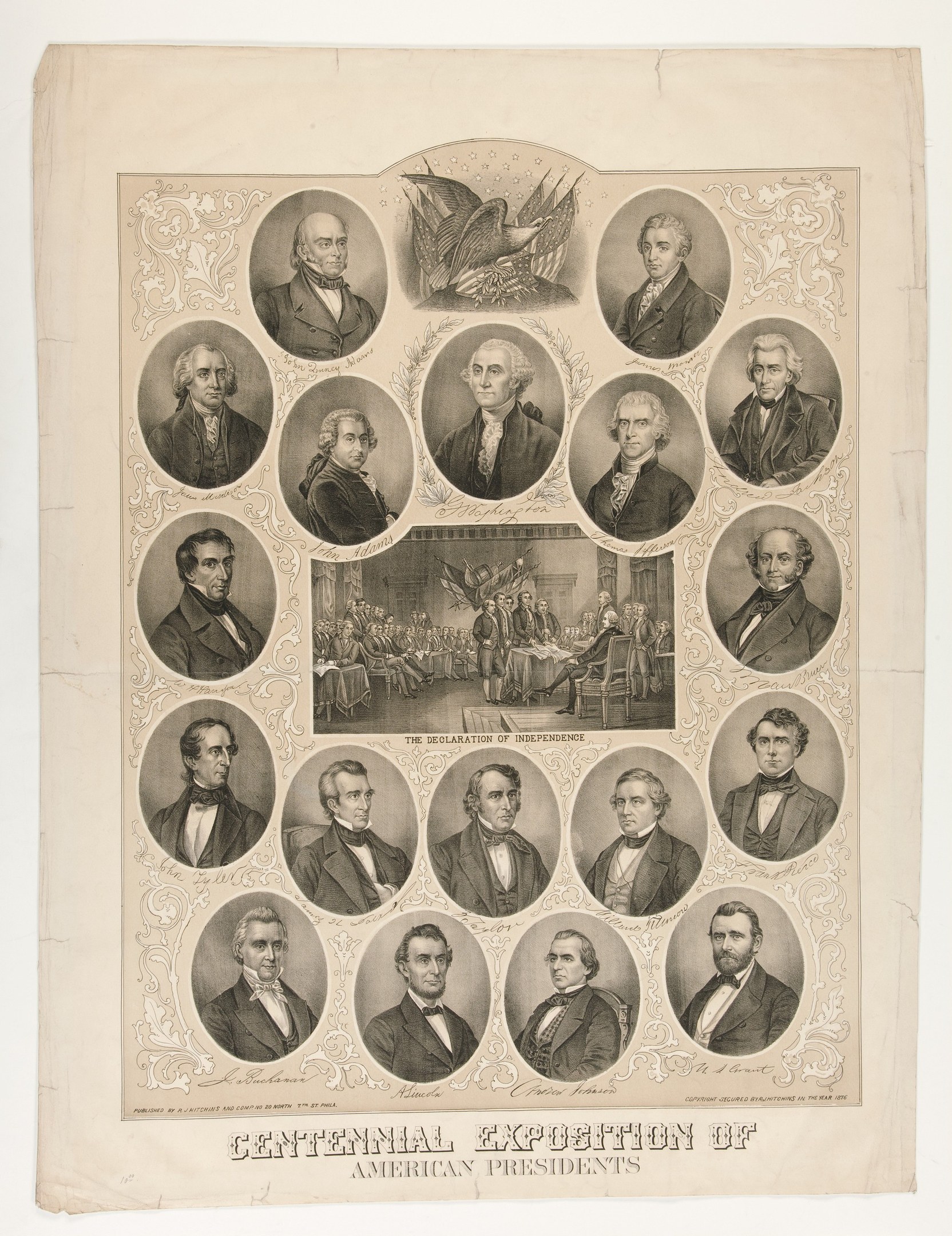 Plakat für die Jahrhundertausstellung amerikanischer Präsidenten mit formellen Porträts von lächelnden Präsidenten in Anzügen und Krawatten mit großen Buchstaben unten.