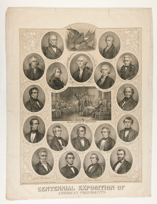 Plakat für die Jahrhundertausstellung amerikanischer Präsidenten mit formellen Porträts von lächelnden Präsidenten in Anzügen und Krawatten mit großen Buchstaben unten.