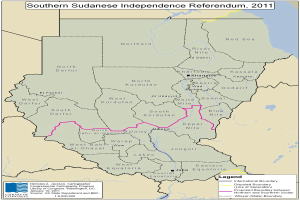 Plakat mit einer farbigen Karte der Südsudanesischen Unabhängigkeitsreferendum 2011, mit Symbolen und Text zur Referendum-Details.