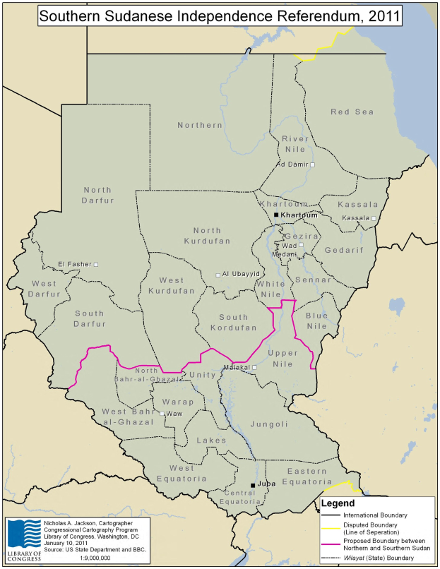 Plakat mit einer farbigen Karte der Südsudanesischen Unabhängigkeitsreferendum 2011, mit Symbolen und Text zur Referendum-Details.