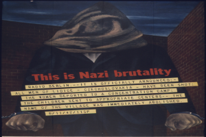 Eine Person in schwarzer Kapuzenjacke und Maske mit ernstem Gesichtsausdruck steht auf einem Plakat mit fetter weißer Schrift, die 'Das ist Nazi-Gewalt.'