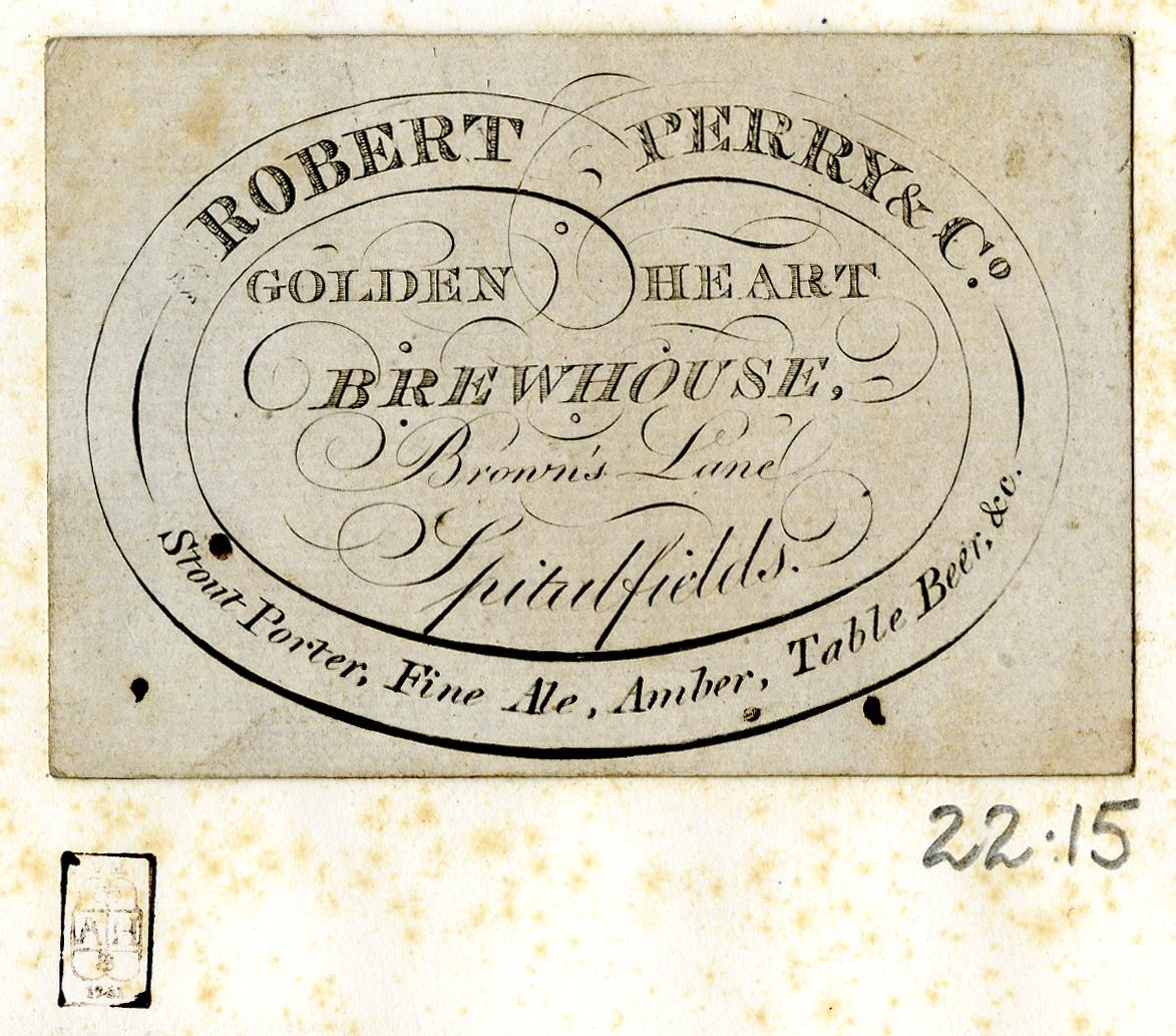 Visitenkarte für Robert Perry & Co Golden Heart Brewery.