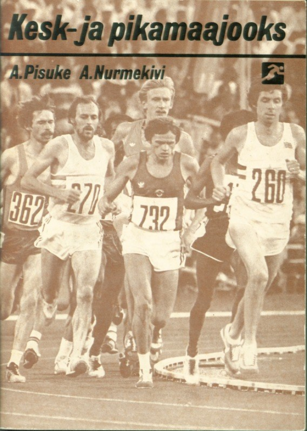 Book cover titled "Kesk-ja pikamaajooks" featuring a group of men running on a track in athletic shoes at a fast pace.