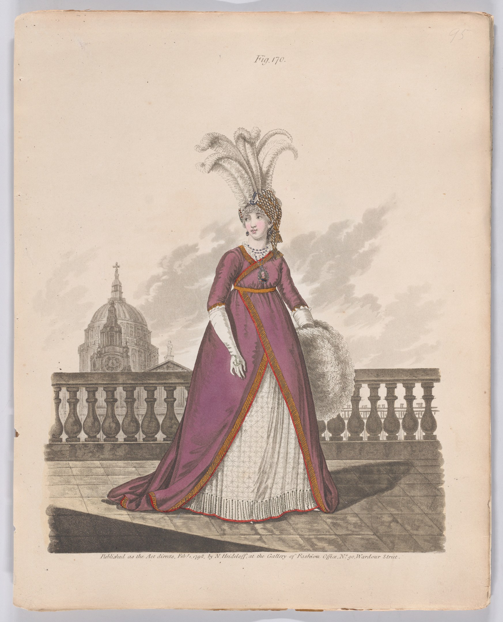 Frau in einem purpurfarbenen und weißen Kleid mit Federschmuck, die an einem Geländer steht, mit einem Gebäude und Wolken im Hintergrund, beschriftet mit 'Fashion of New York, New York Street, 1790.'