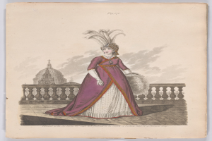 Frau in einem purpurfarbenen und weißen Kleid mit Federschmuck, die an einem Geländer steht, mit einem Gebäude und Wolken im Hintergrund, beschriftet mit 'Fashion of New York, New York Street, 1790.'