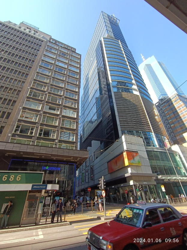 Roter Wagen auf einer von hohen Wolkenkratzern gesäumten Stadtstraße, Fußgänger auf dem Gehweg, Verkehrsampeln, Schilder und Namenskennzeichen, mit dem Himmel im Hintergrund.