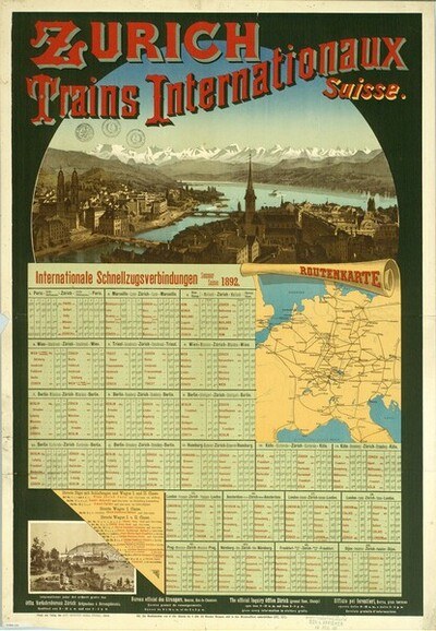 Plakat für Zürich Trains Internationalaux mit einer Karte von Zürich, Gebäuden, Wasser, Bergen und Text.