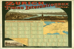 Plakat für Zürich Trains Internationalaux mit einer Karte von Zürich, Gebäuden, Wasser, Bergen und Text.