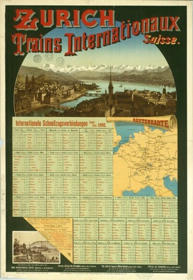 Plakat für Zürich Trains Internationalaux mit einer Karte von Zürich, Gebäuden, Wasser, Bergen und Text.
