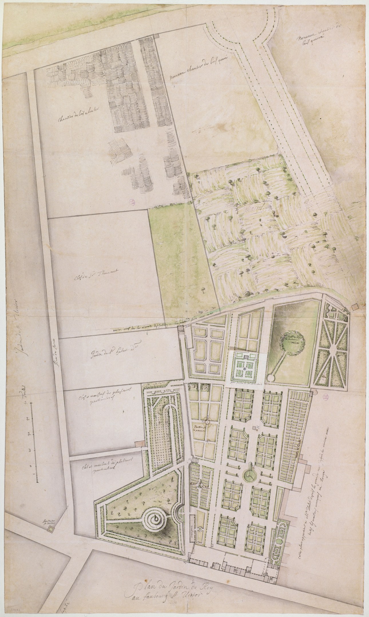 Detailed city plan on paper showing buildings, trees, streets, parks, and landmarks with descriptive text.