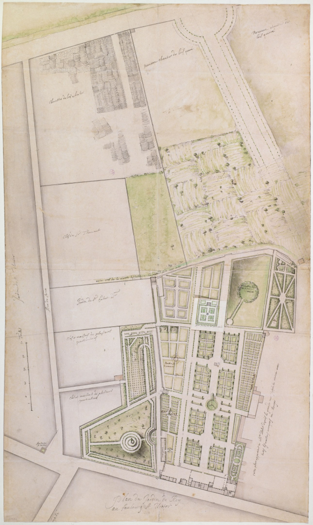Detailed city plan on paper showing buildings, trees, streets, parks, and landmarks with descriptive text.